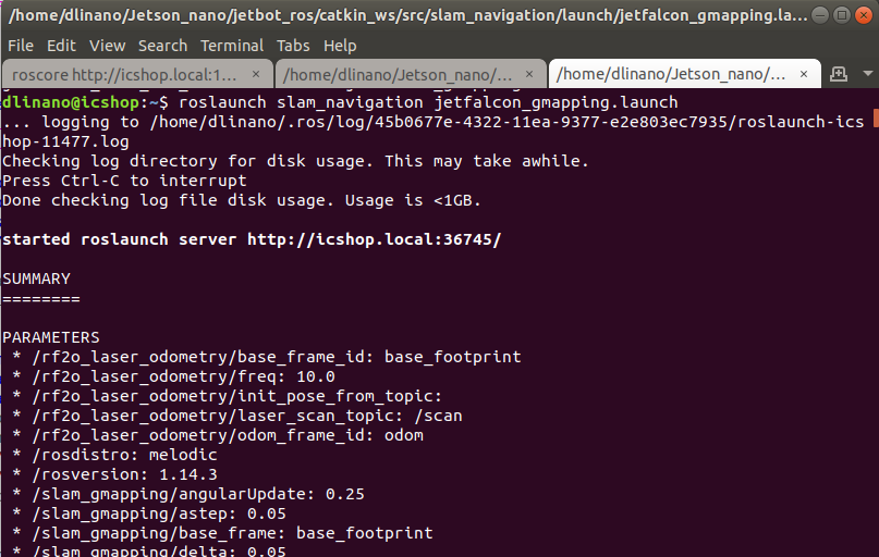  圖 2-1 : 在 Jet-falcon 上 執行 jetfalcon_gmapping.launch 