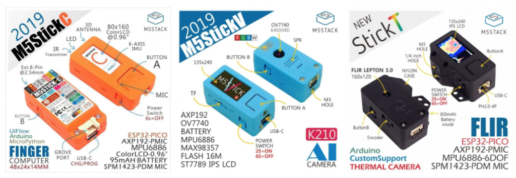 不同功能導向的主控板 : M5StickC(微處理器)、M5StickV(人工智慧相機)、M5StickT(熱像儀)