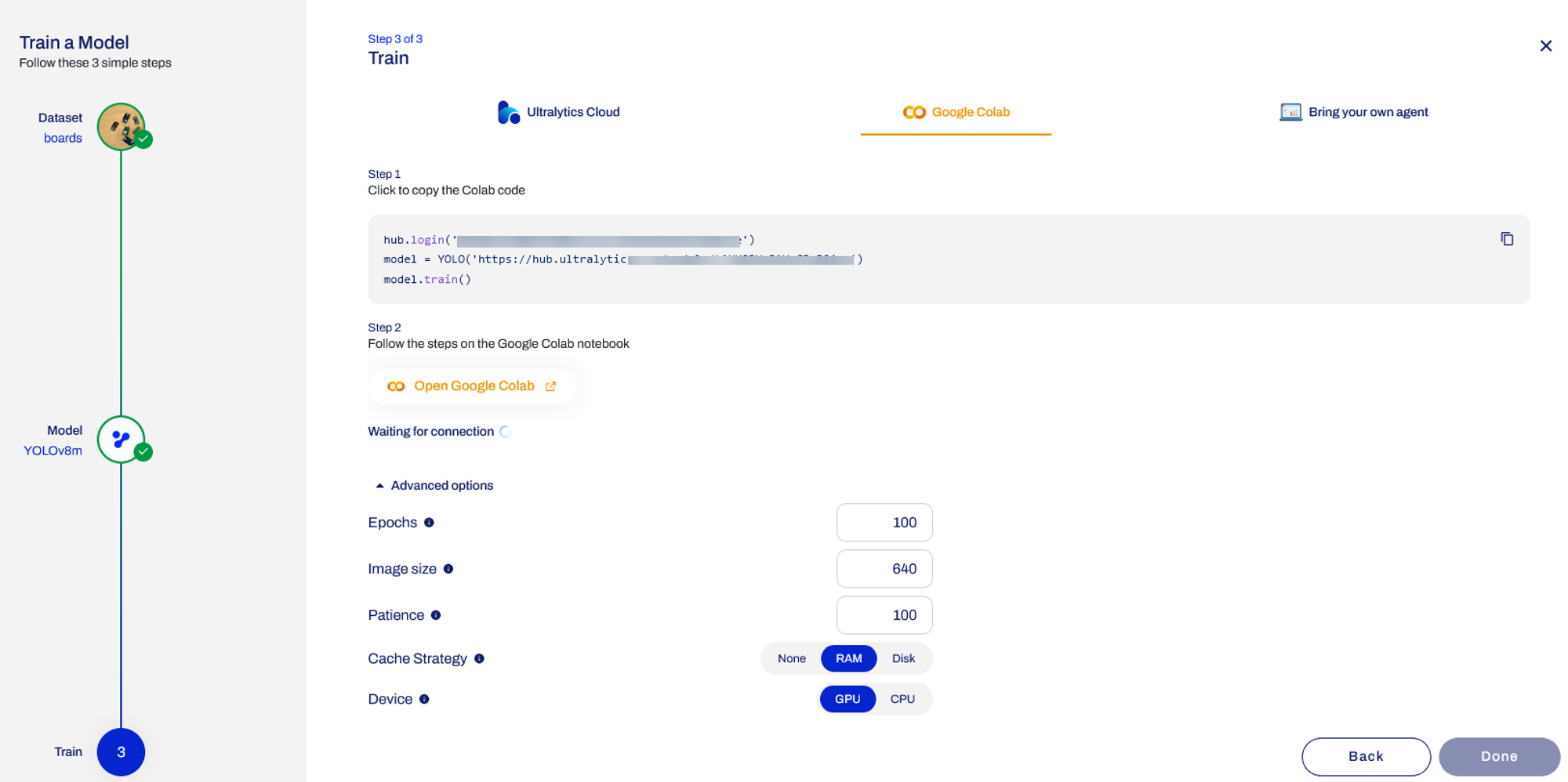 透過 Ultralyrics HUB 連線到 Colab 訓練 YOLO 模型。